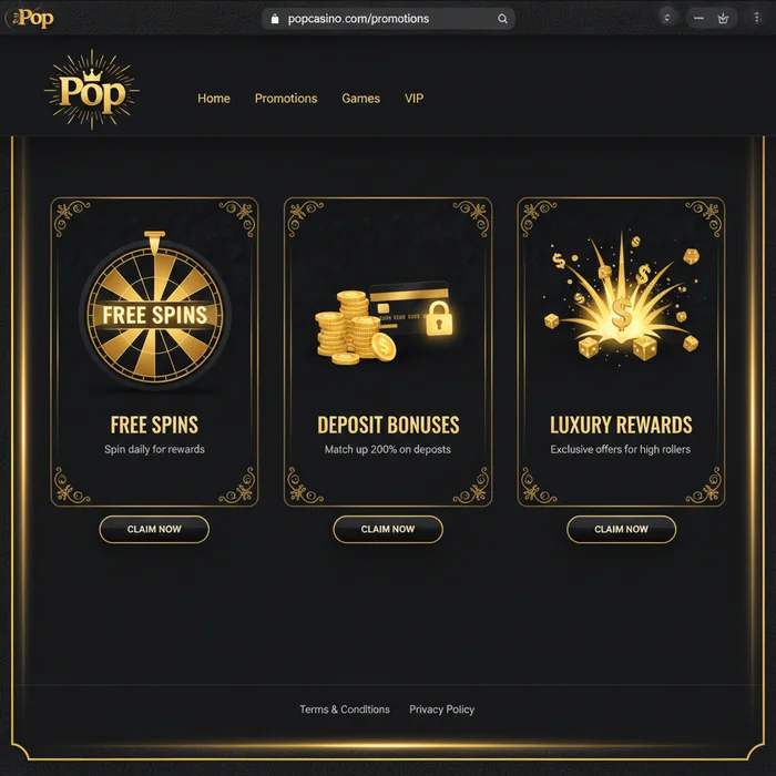 Pop bonus page — welcome package, wagering requirements and promo code entry